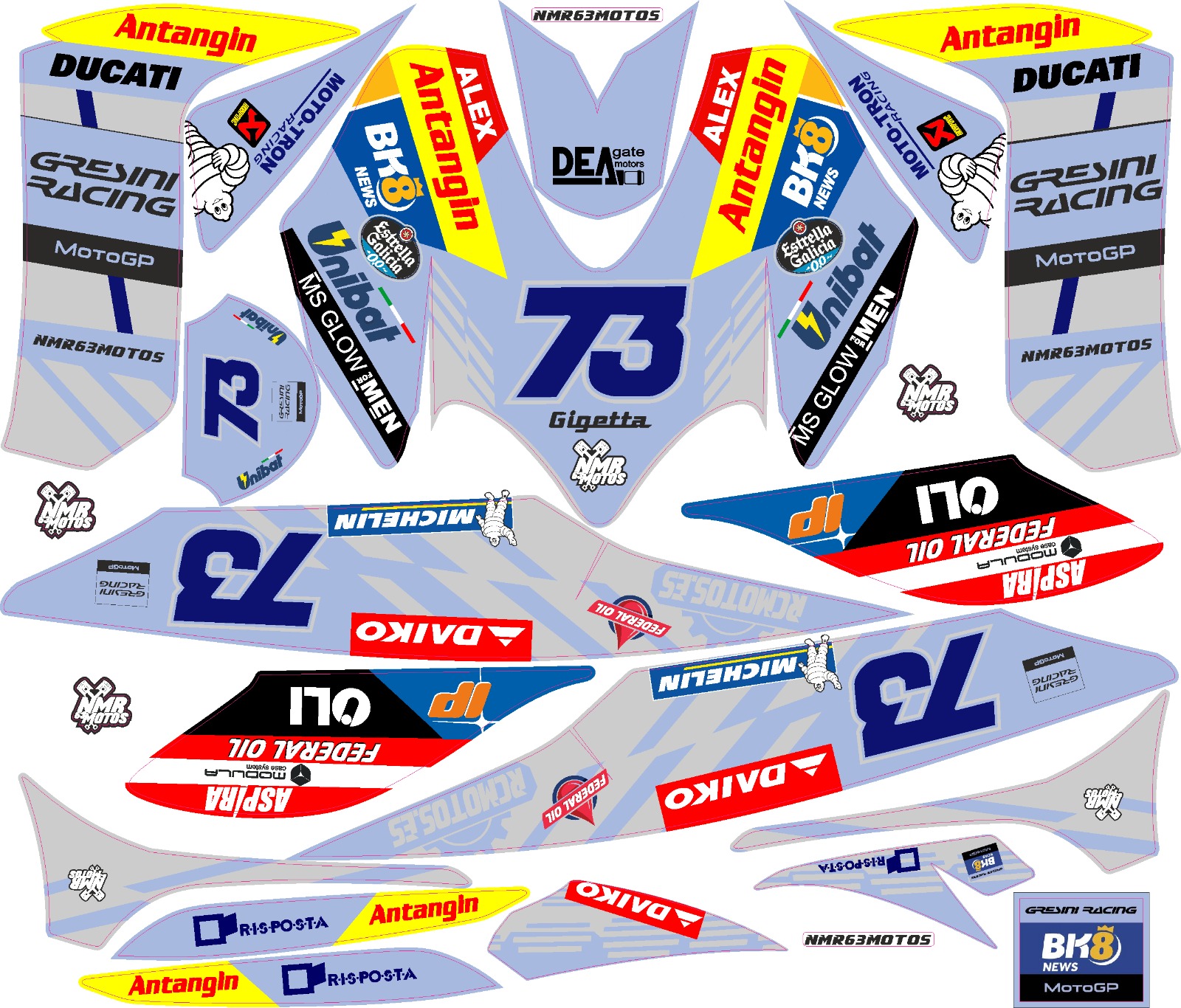 Adhesivos Yamaha Jog R/RR Alex Márquez. Este kit de pegatinas es válido para Yamaha Jog R y Jog RR. El kit incluye pegatinas para todos los plásticos o cachas del carenado exterior. En la imagen pueden ver una foto de como quedan pegados.