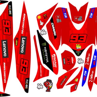 Kit adhesivos Yamaha Jog R/RR Marc Márquez. Este kit de pegatinas es válido para Yamaha Jog R y Jog RR. El kit incluye pegatinas para todos los plásticos o cachas del carenado exterior. En la imagen pueden ver una foto de como quedan pegados.