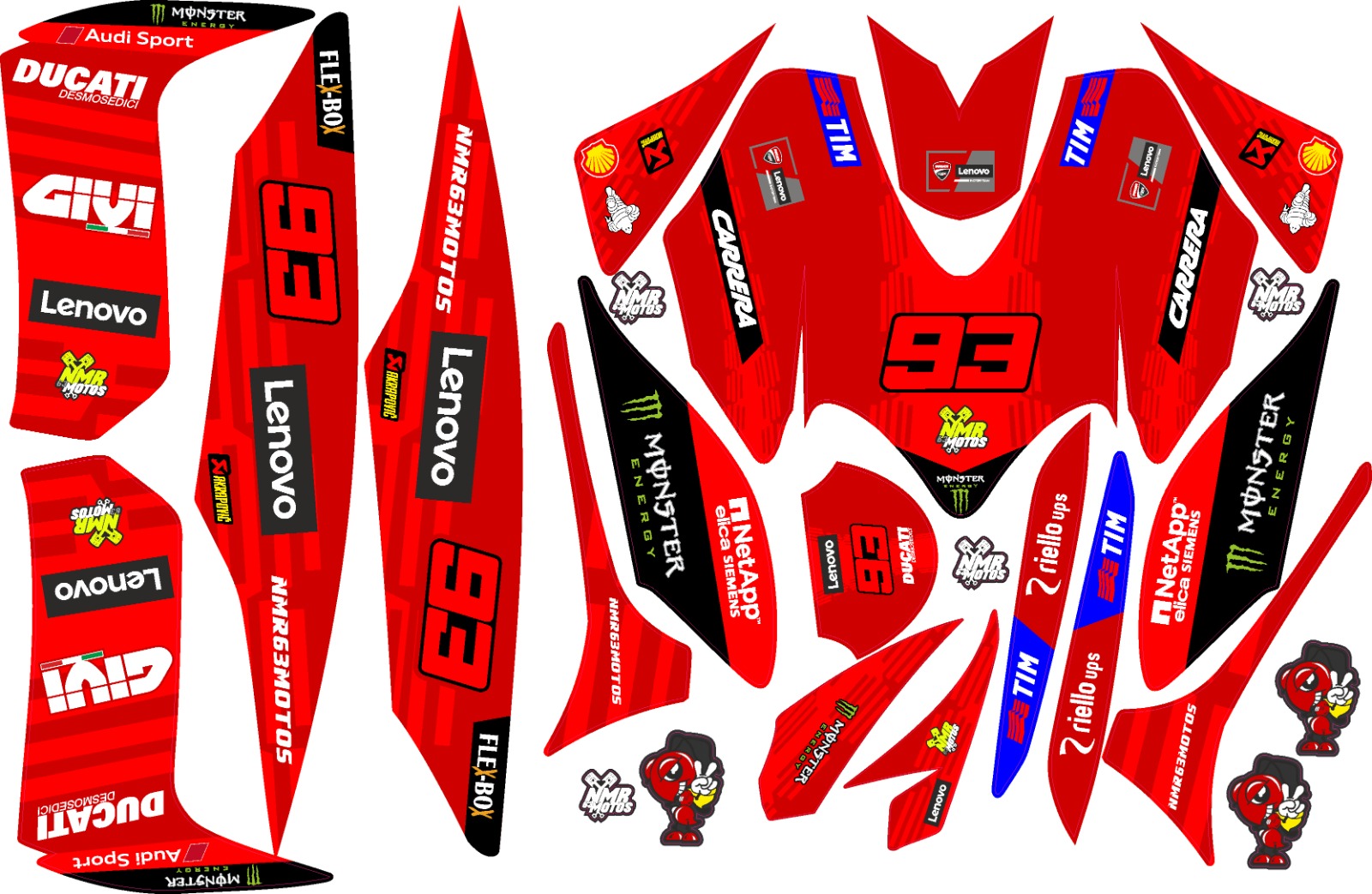 Kit adhesivos Yamaha Jog R/RR Marc Márquez. Este kit de pegatinas es válido para Yamaha Jog R y Jog RR. El kit incluye pegatinas para todos los plásticos o cachas del carenado exterior. En la imagen pueden ver una foto de como quedan pegados.