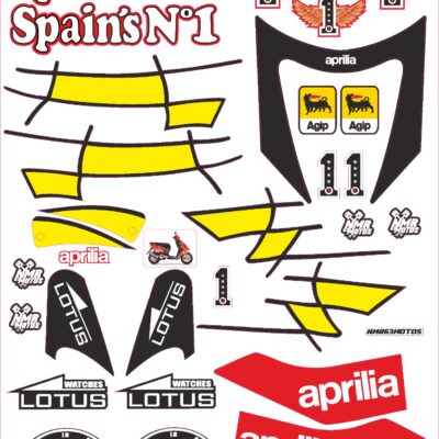 Kit adhesivos Aprilia Sonic Spain. Este kit de pegatinas es válido para Aprilia Sonic. El juego incluye pegatinas para todas las carcasas o plásticos. En la imagen pueden ver como quedan pegados.