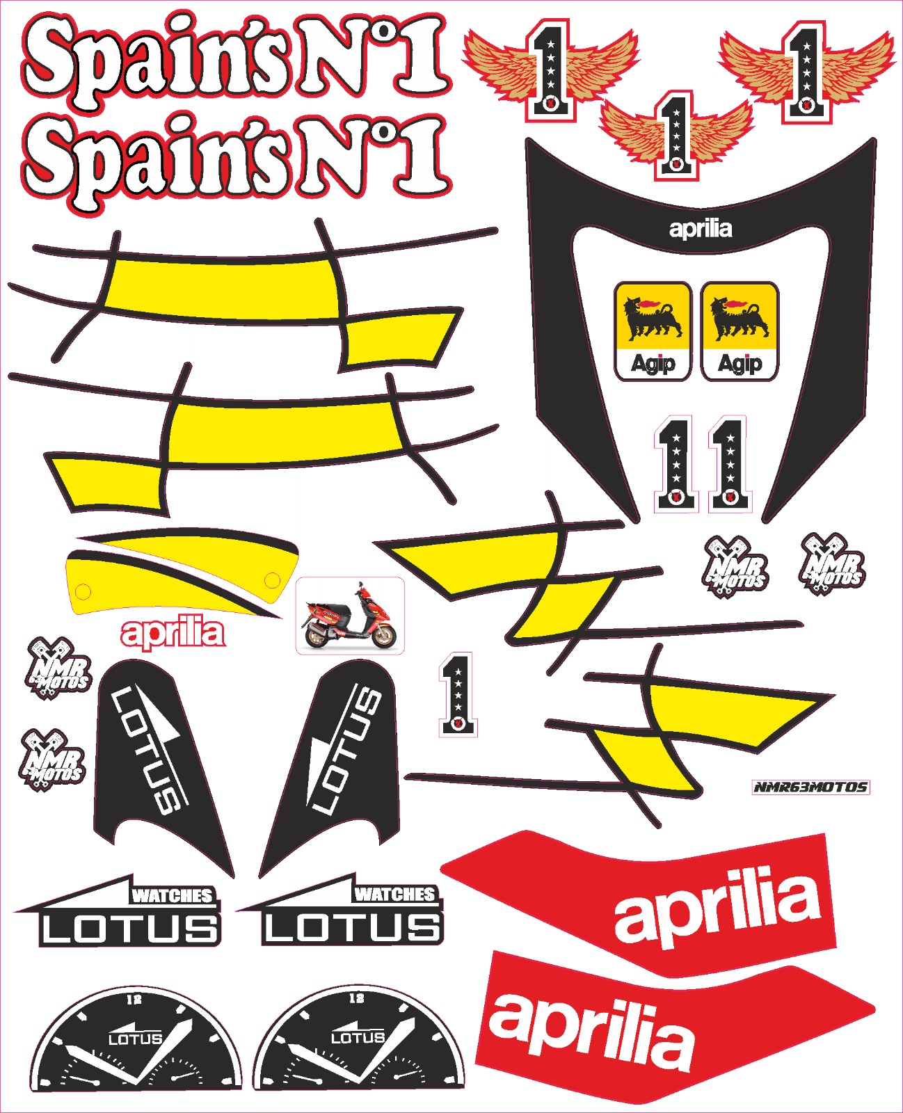 Kit adhesivos Aprilia Sonic Spain. Este kit de pegatinas es válido para Aprilia Sonic. El juego incluye pegatinas para todas las carcasas o plásticos. En la imagen pueden ver como quedan pegados.